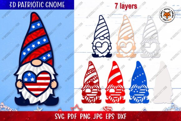 3D Patriotic Gnome Heart Paper Cut SVG